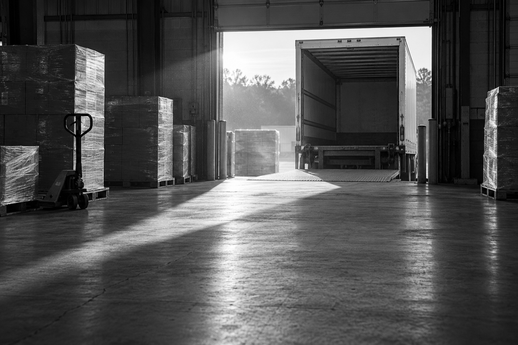 A food distributor&rsquo;s loading dock at first light, one truck door open, pallets waiting