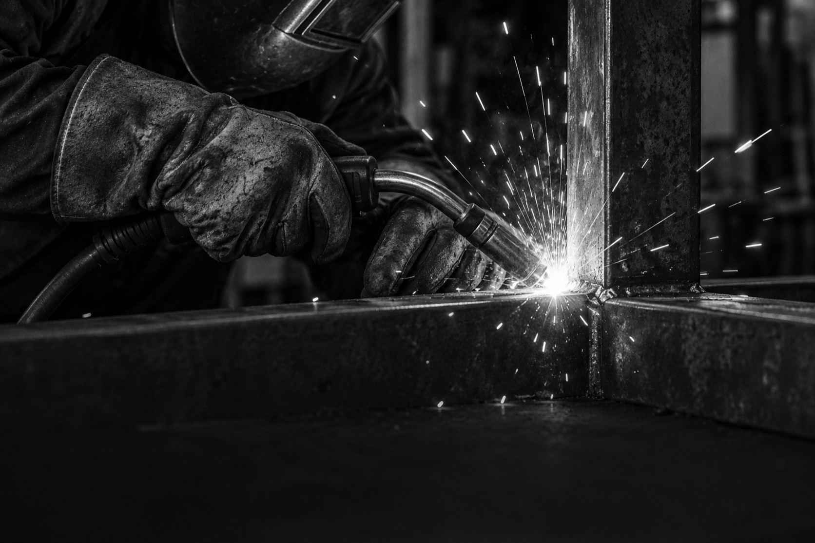 Gloved hands mid-weld, sparks as points of light against dark steel