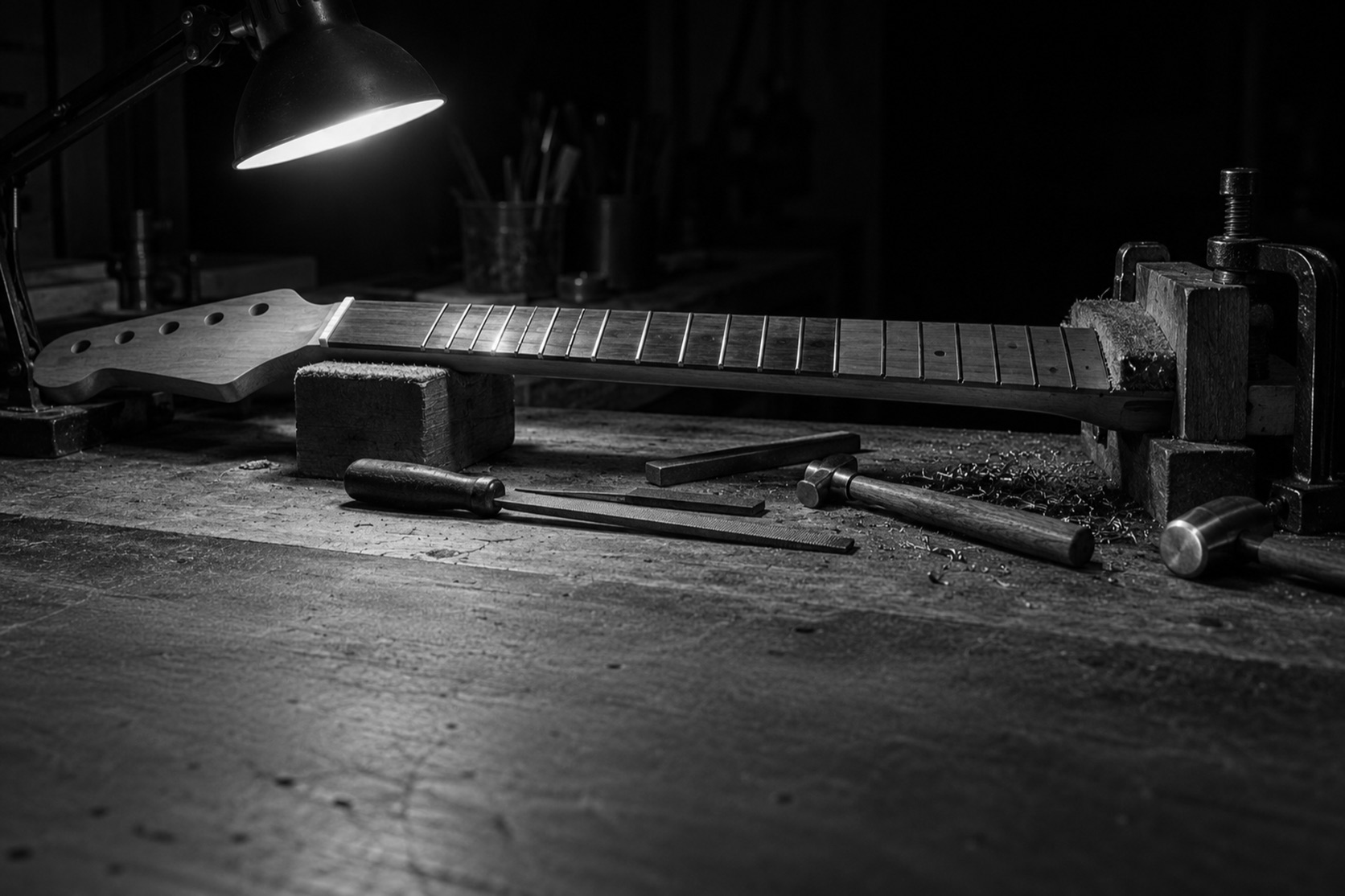 A luthier&rsquo;s bench under one work lamp, a guitar neck clamped mid-refret