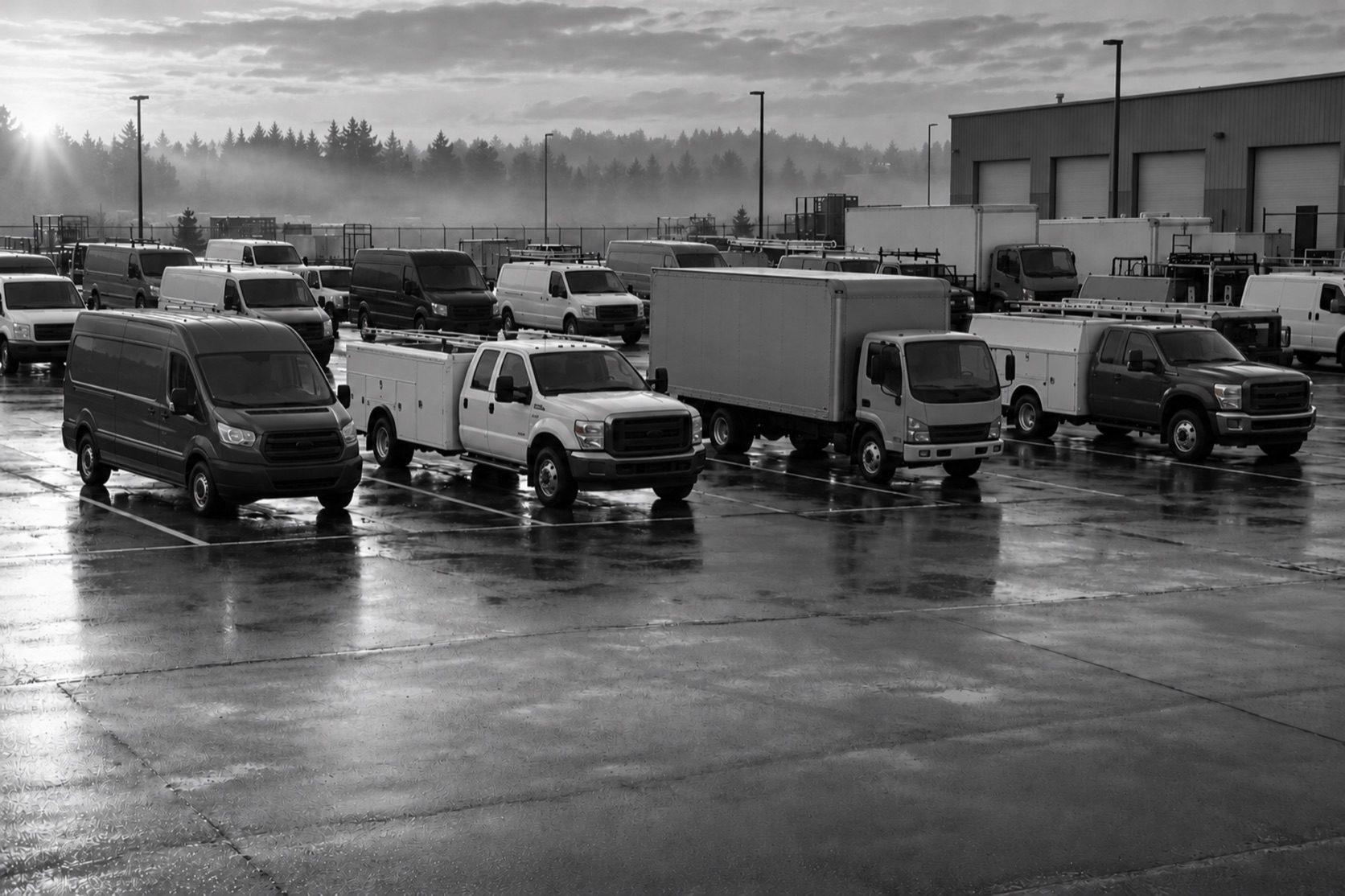 A service fleet yard at dawn, trucks in rows on wet asphalt