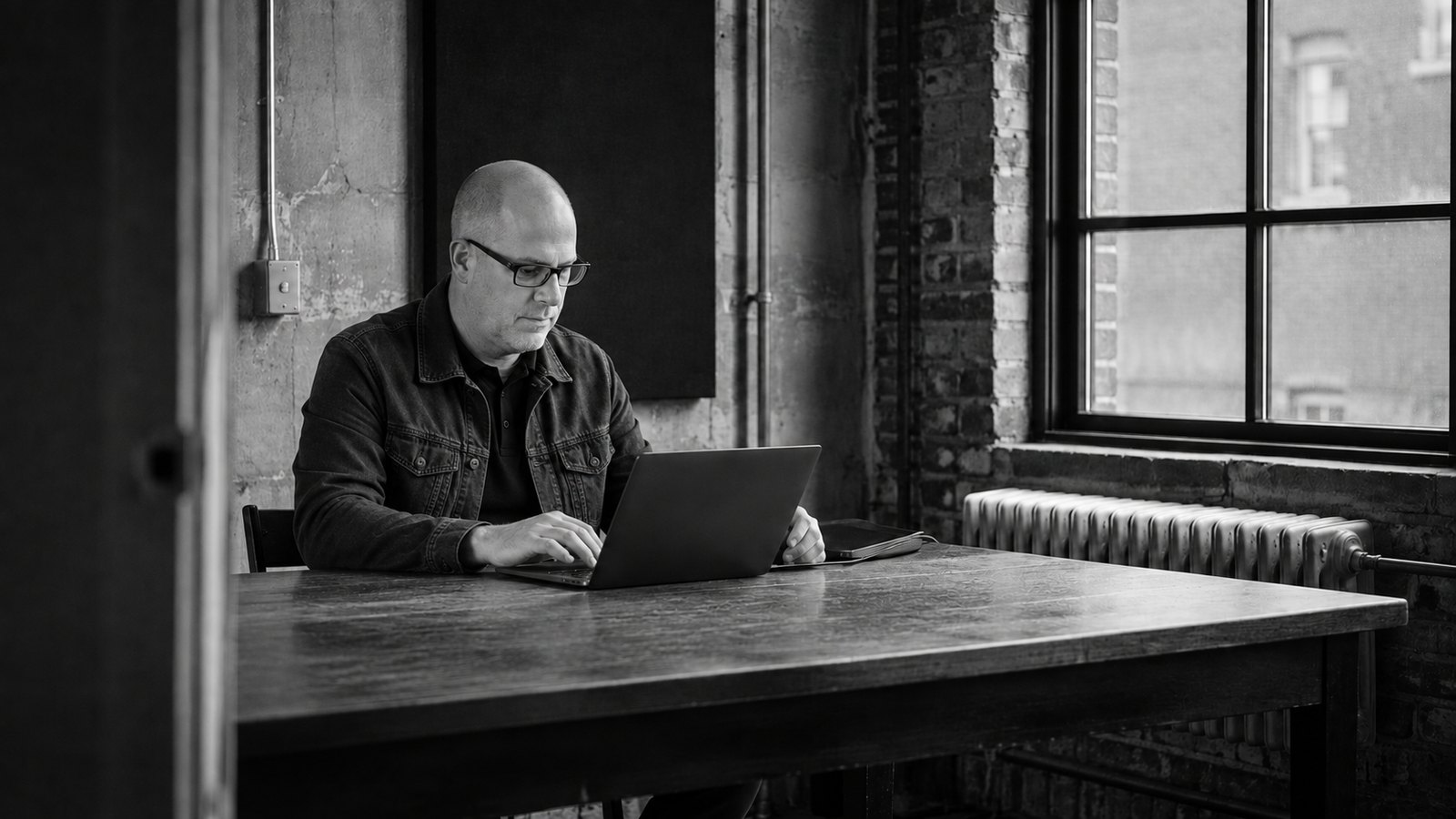 Steve Ice, principal of Binary Glyph, at work at a laptop in Toledo