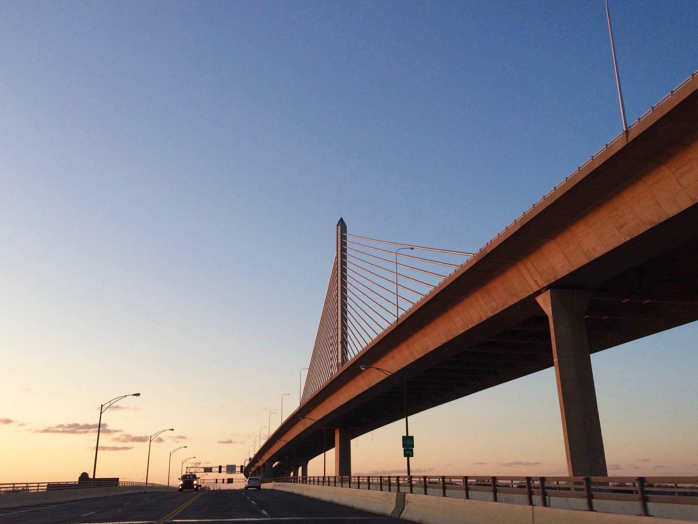 The Veterans&rsquo; Glass City Skyway over the Maumee River in Toledo, seen from below