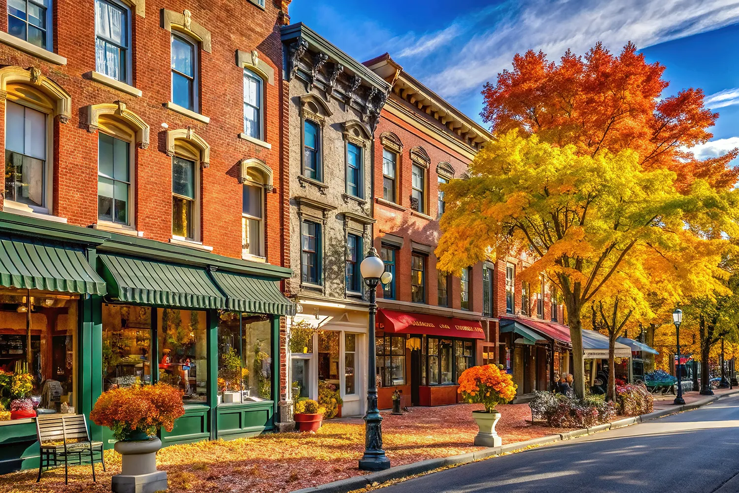 Vibrant Midwest main street with autumn trees and small businesses, symbolizing community resilience and growth