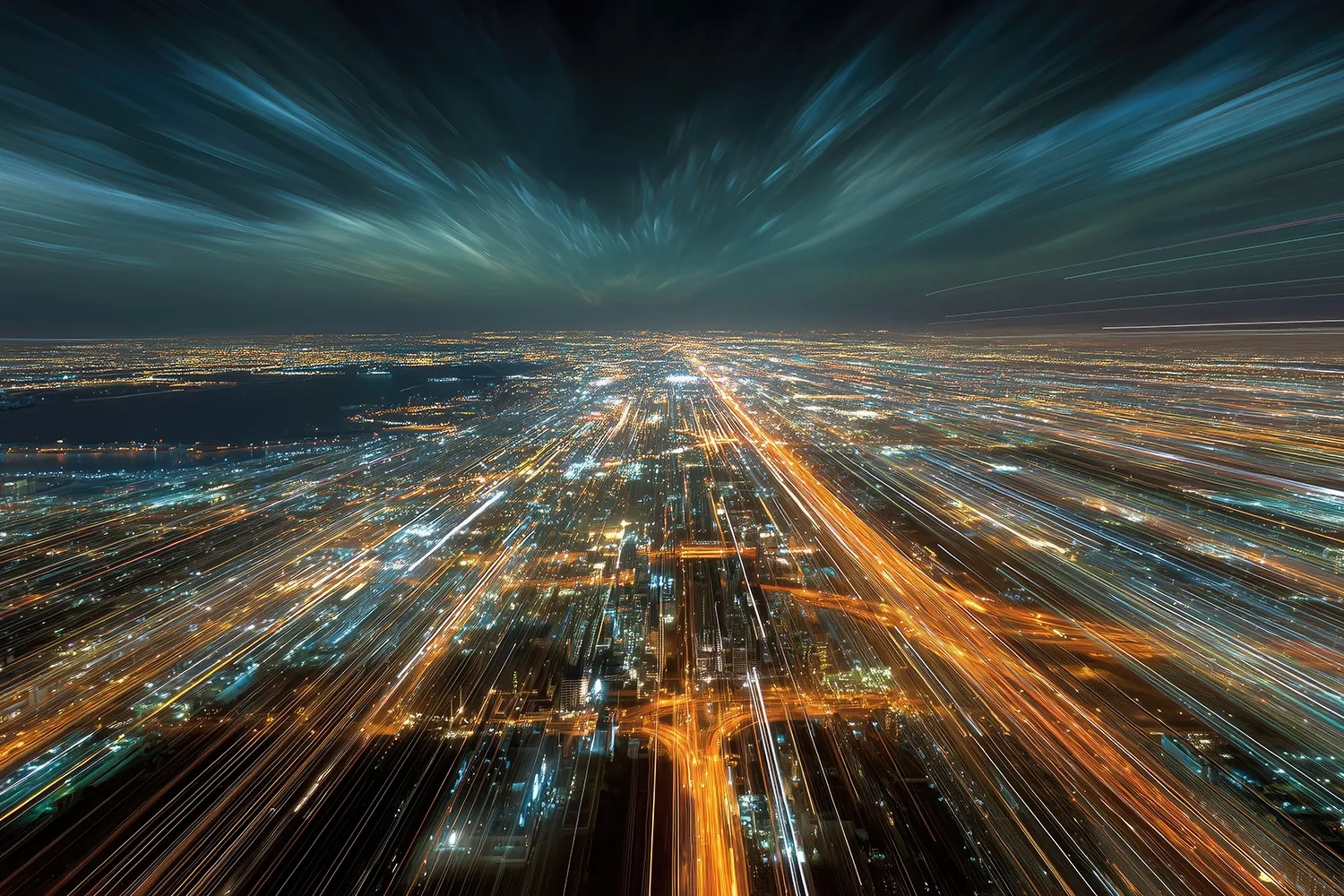 Aerial cityscape with streaming light trails at night, symbolizing speed, growth, and national competition