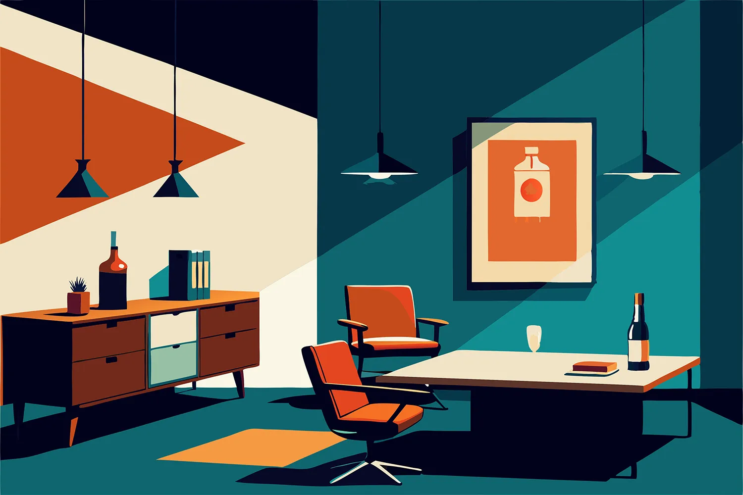 Stylized illustration of a 1960s advertising office inspired by Don Draper from Mad Men