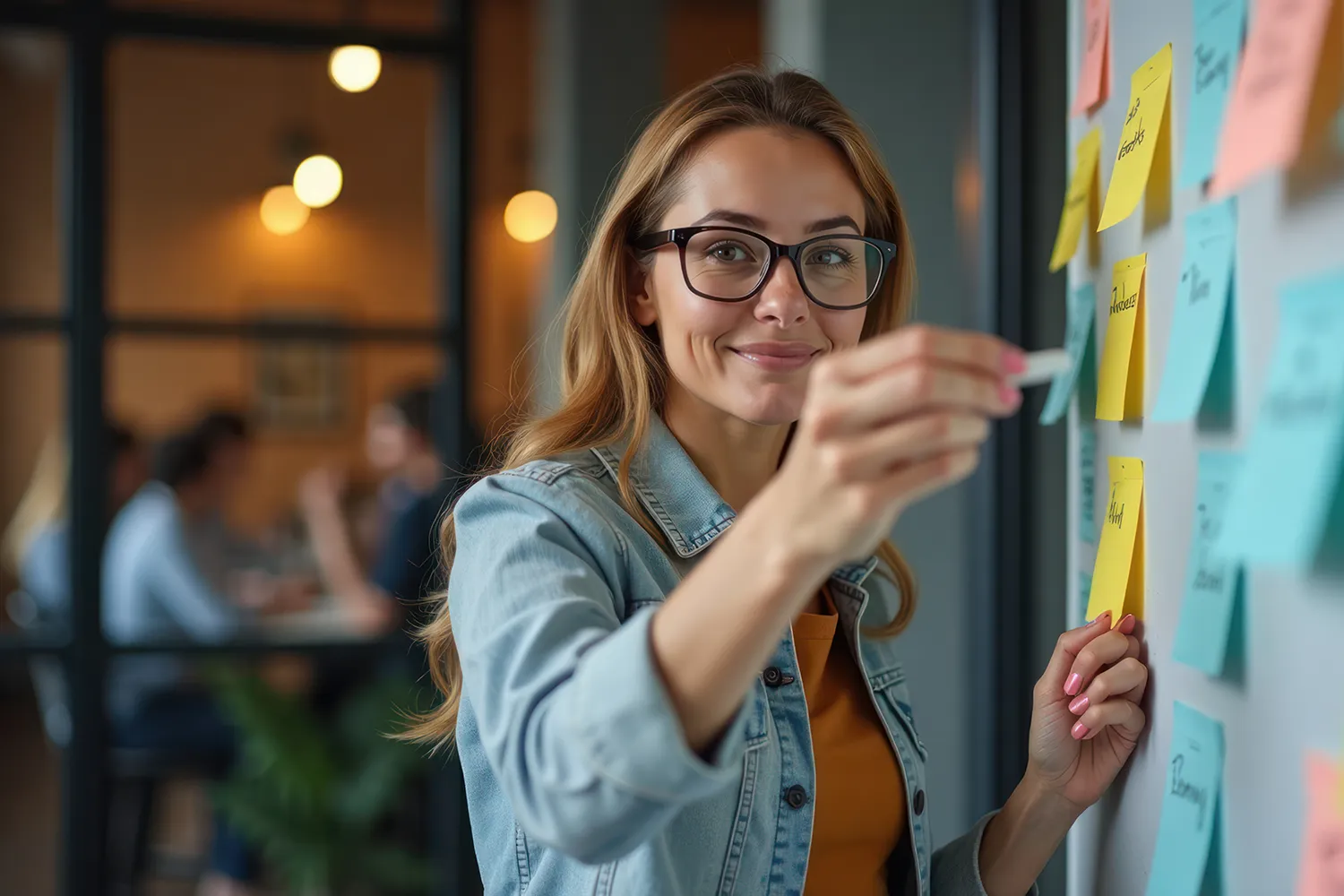 Marketing strategist organizing ideas on sticky notes with a team collaborating in the background