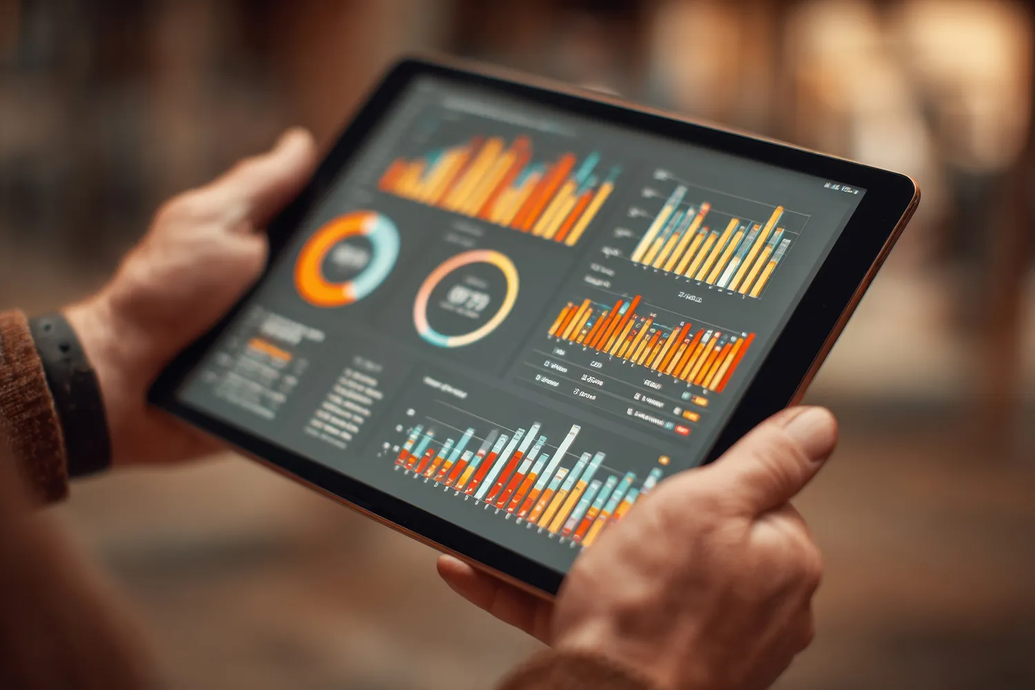 Hands holding a tablet displaying marketing analytics dashboards and performance charts, symbolizing strategy in motion and data-driven results