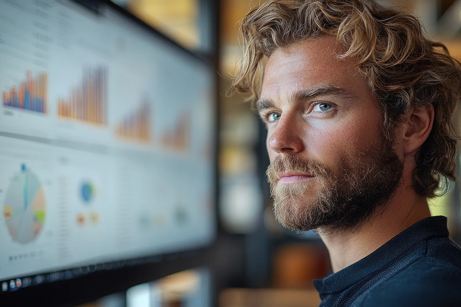 Marketing strategist reviewing data and campaign flow diagrams in a modern office
