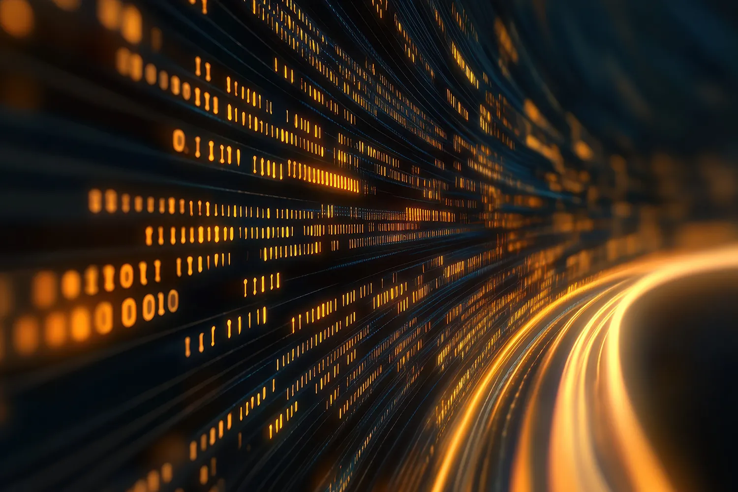 Abstract glowing data stream illustrating process architecture and connected marketing systems