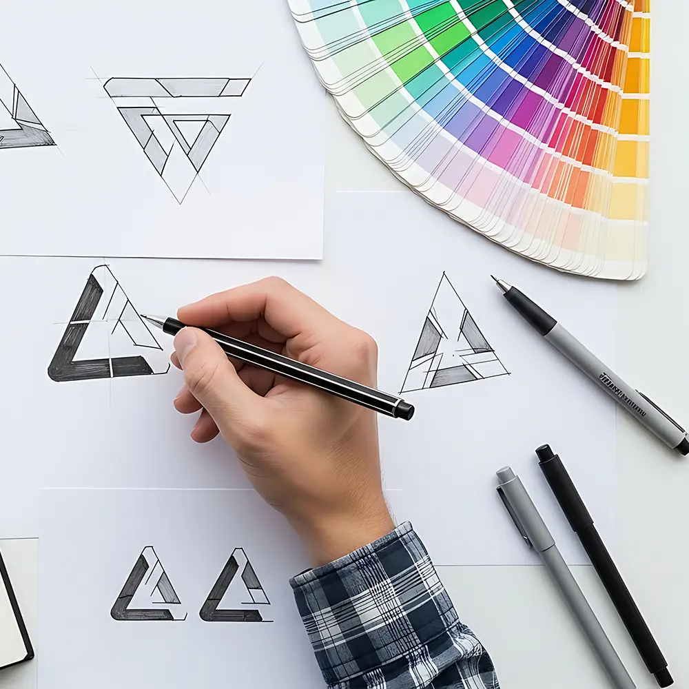 Designer developing logo concepts, typography systems, and brand mark variations across a structured identity board.