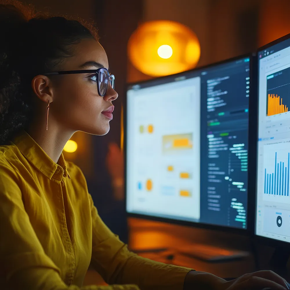 Digital marketer optimizing paid advertising campaigns across Google Ads, LinkedIn, and Meta dashboards in a modern workspace.