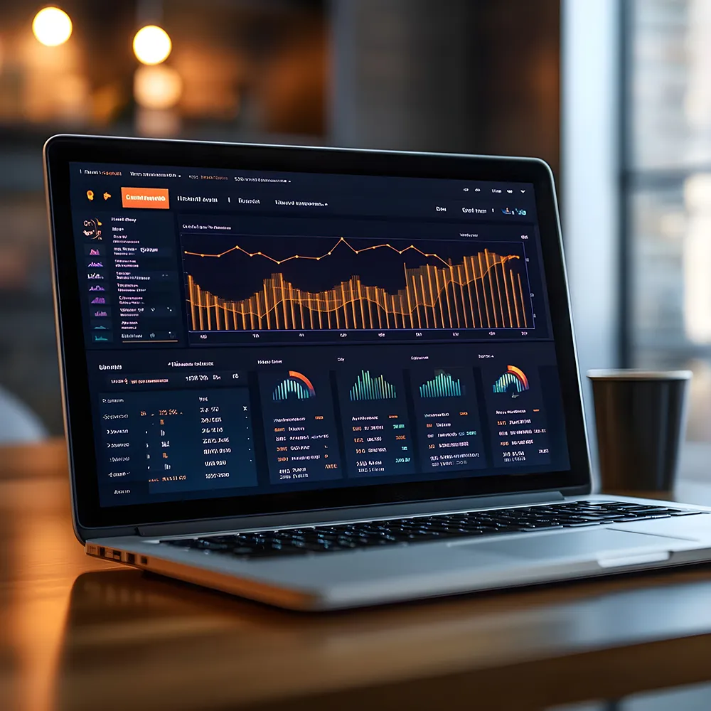 SEO strategist analyzing website performance metrics, search visibility trends, and keyword rankings on a laptop.